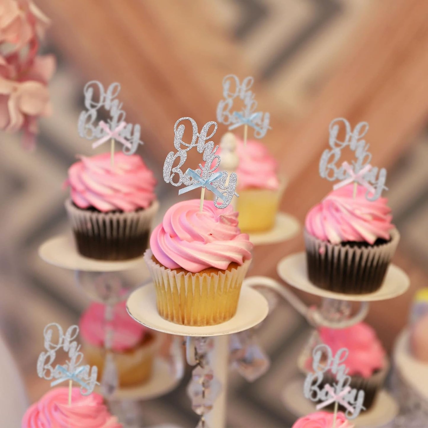 Gyufise 36Pcs Oh Baby Cupcake Toppers with Blue Pink Bowknot Silver Glitter Baby Shower Cupcake Picks Gender Reveal Cupcake Topper Decoration for Gender Reveal Baby Shower Kids Birthday Party Supplies