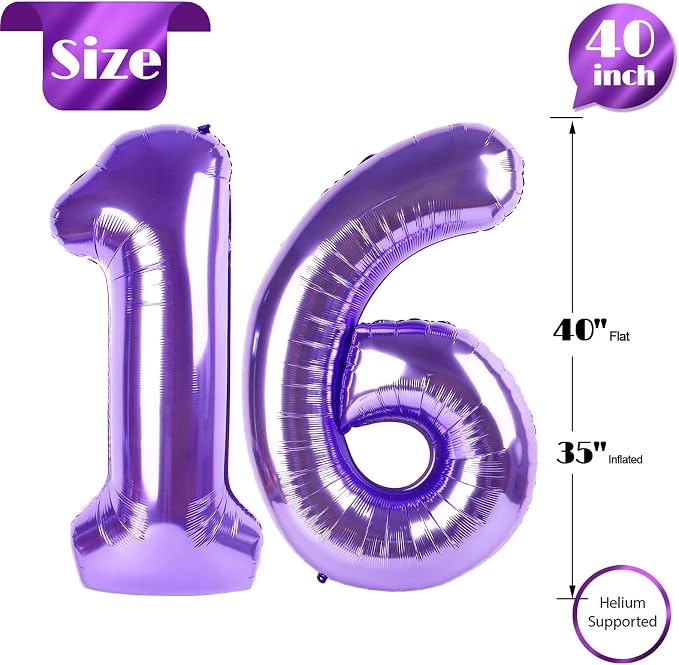 Purple Number 16 Balloon 40 Inch, 16th Birthday Decorations Men Women | Foil - Image 5