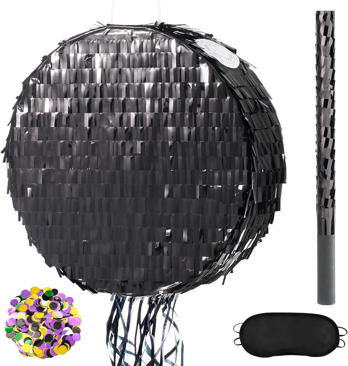 WERNNSAI Black Round Pinata for DIY - Halloween Black Moon Pinata for Kids DIY Birthday Party Disco Decoration for Adult Night Party Supplies with Confetti Bat Blindfold, 12.2”x 12.2”