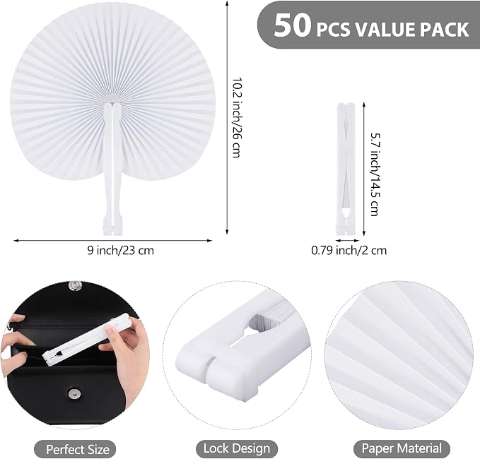 MCEAST 50 Pieces White Party Paper Fans Decorations Folding Fan Handheld Fan - Image 2
