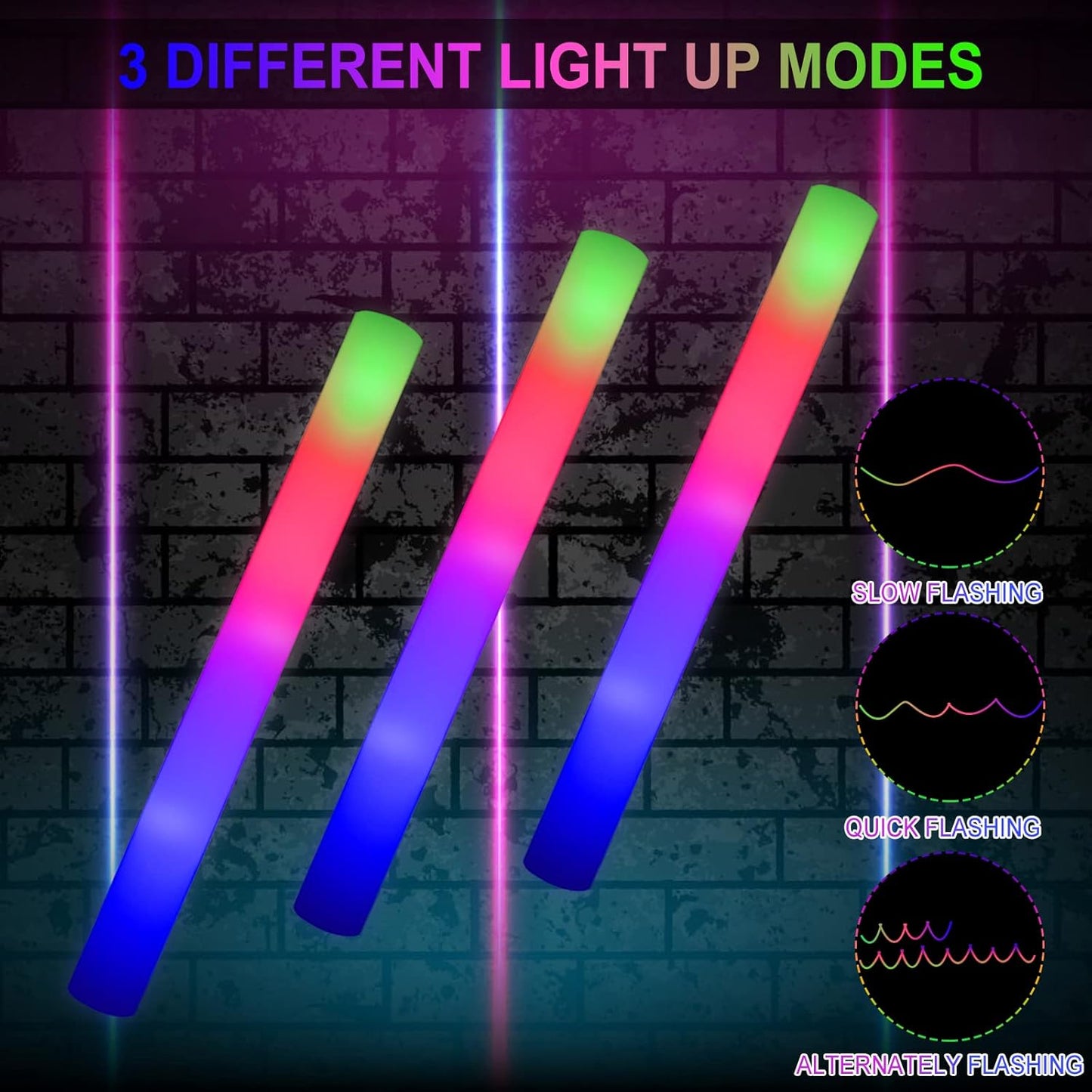 LifBetter 192 Pcs Foam Glow Sticks Bulk,Led Glow Sticks with 3 Modes Colorful Flashing,Long Life Battery Glow In The Dark Party Supplies for Weddings,Parties,Festivals,Sporting Events