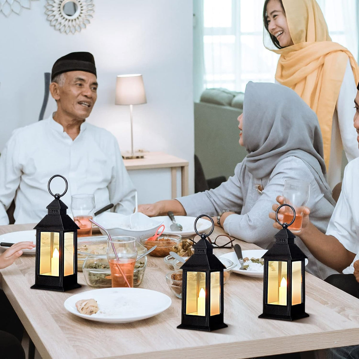 Hoolerry 24 Set Halloween Mini Lanterns with LED Candles 5.5'' Decorative Hanging Small Vintage Lantern Centerpiece Battery Powered for Wedding Table(Black)