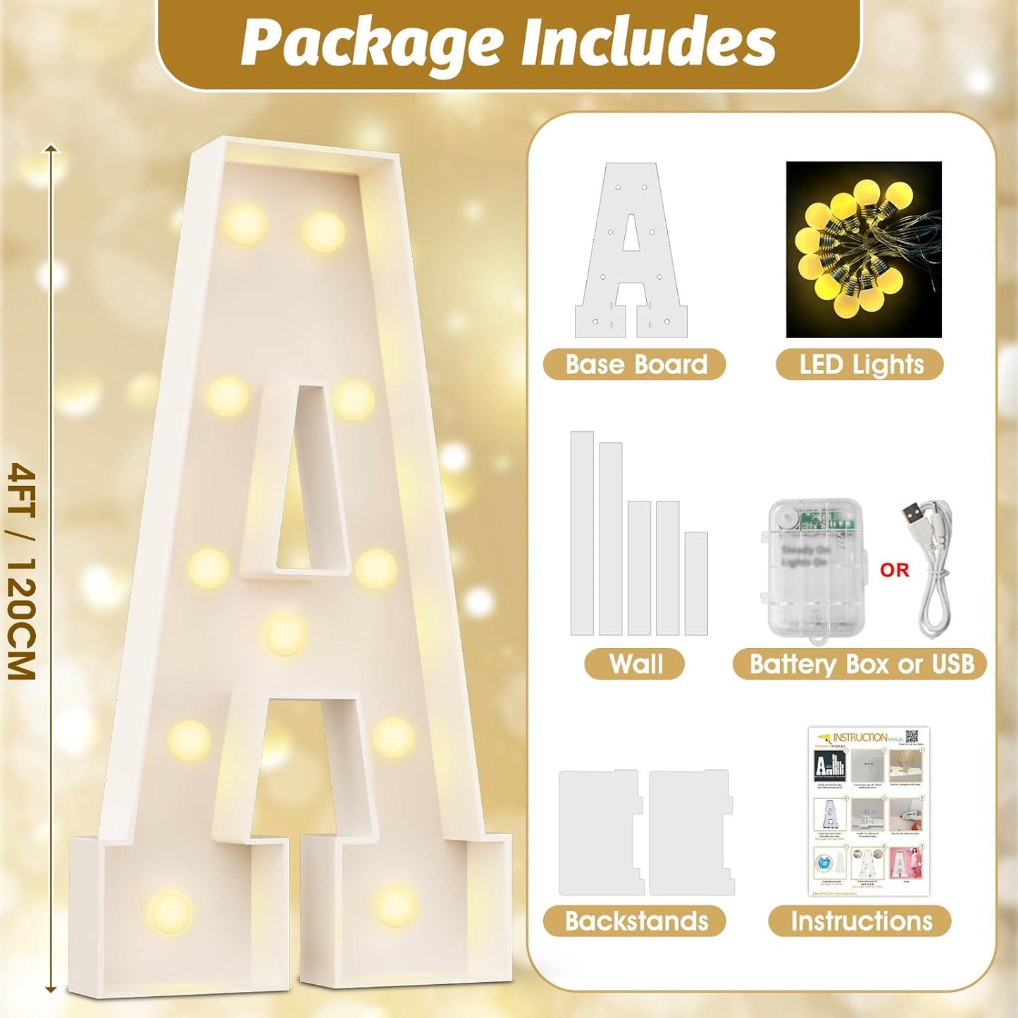 Ledido Marquee Letters 4FT Light Up Letter Marquee Lights Sign, 4 Feet Tall Large Light Up Signs Alphabet Letters Party Lights Decoration for Birthday Graduation Baby Shower Wedding Letter J
