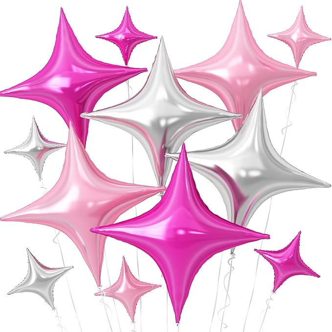 Pink Silver Star Balloons, 26Inch and 10Inch Hot Pink Silver Quadrangle Helium by Adorely