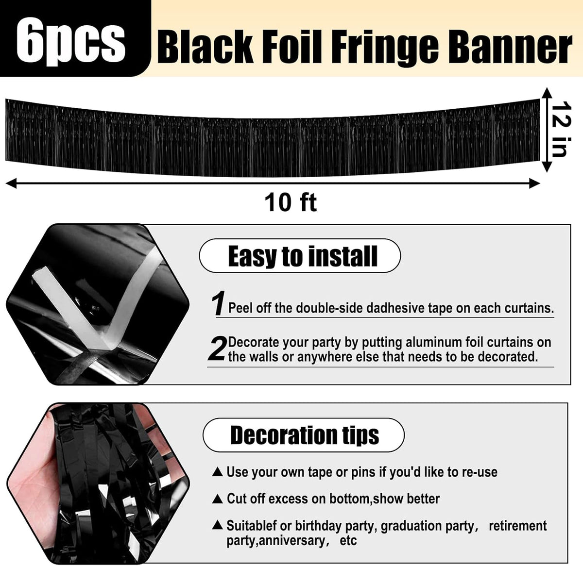 6 Pack 10 Feet Black Foil Fringe Garland Metallic Tinsel Streamers Banner Wall Hanging Curtain Backdrop for Parade Floats, Birthday, Graduate, Mother's Day, Wedding Party Decoration