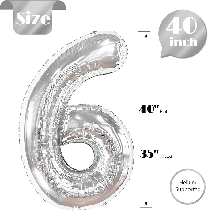 Silver Number 6 Balloon 40 Inch, 6th Birthday Party Decorations Men Women | - Image 5