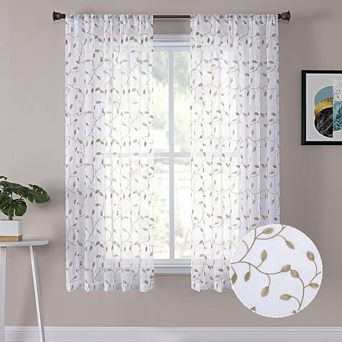 Tollpiz Leaves Short Sheer Curtain Taupe Leaf Embroidery Living Room Curtains by Tollpiz