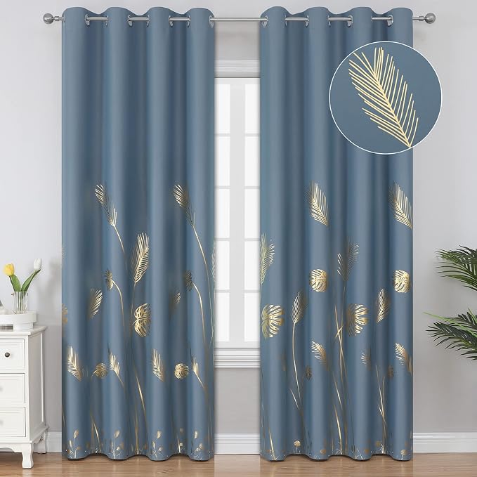 Stone Blue Blackout Curtains for Bedroom, Room Darkening Gold Palm Tree Pattern by ESTELARTEXTILER