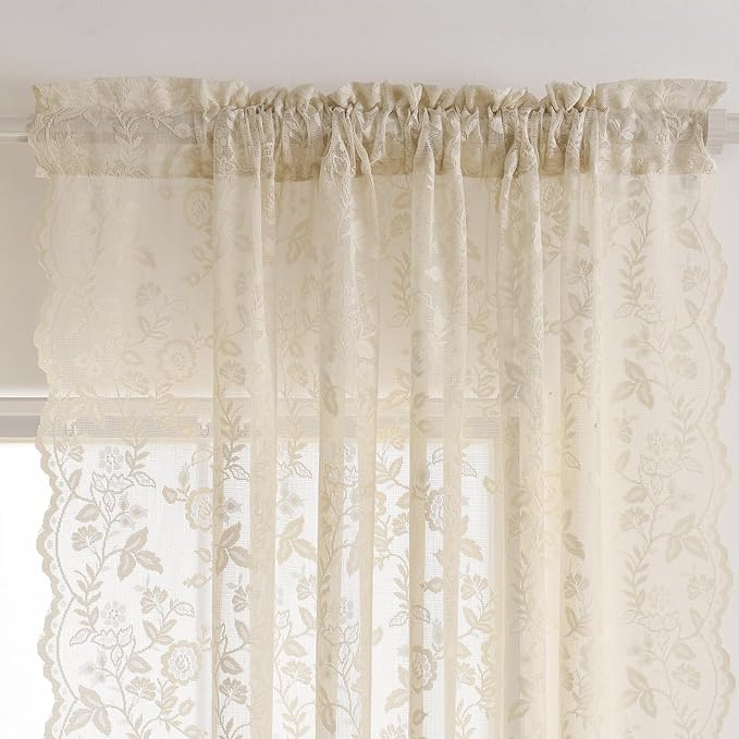 FINECITY Short Beige Lace Curtains Rustic Leaf Floral W42xL36 Inch 2 Panels | - Image 4