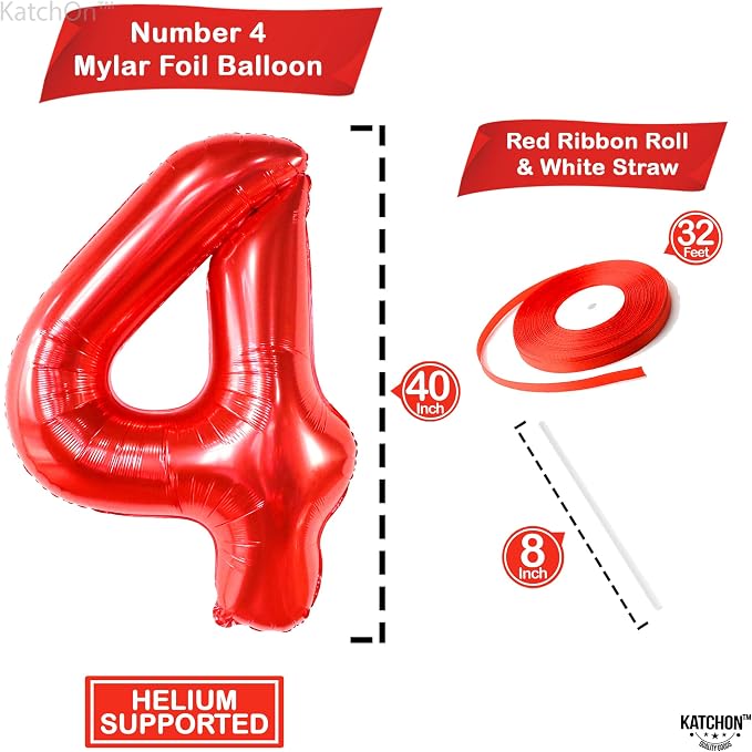 KatchOn Red Number 4 Balloons 40 Inch, 4 Birthday Decorations | Red 4 Balloon - Image 4