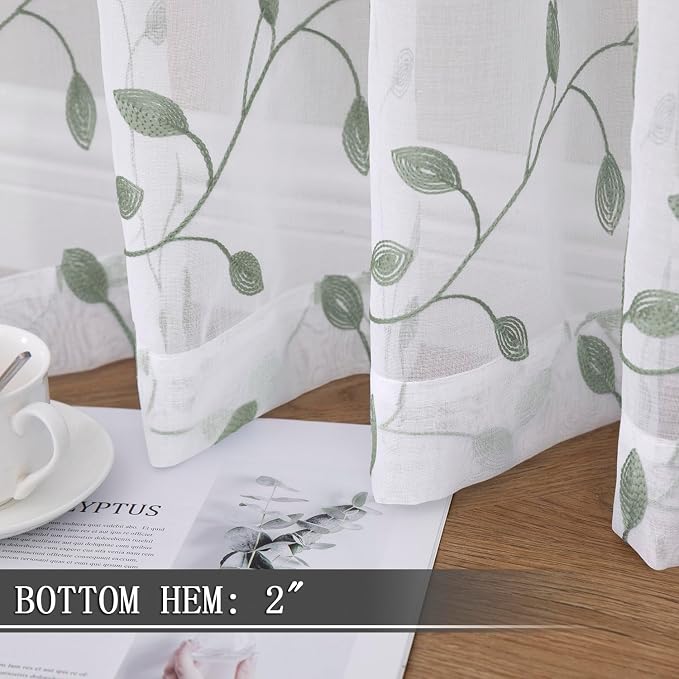 Tollpiz Leaves Sheer Tier Curtain Sage Green Leaf Embroidery Kitchen Half - Image 4