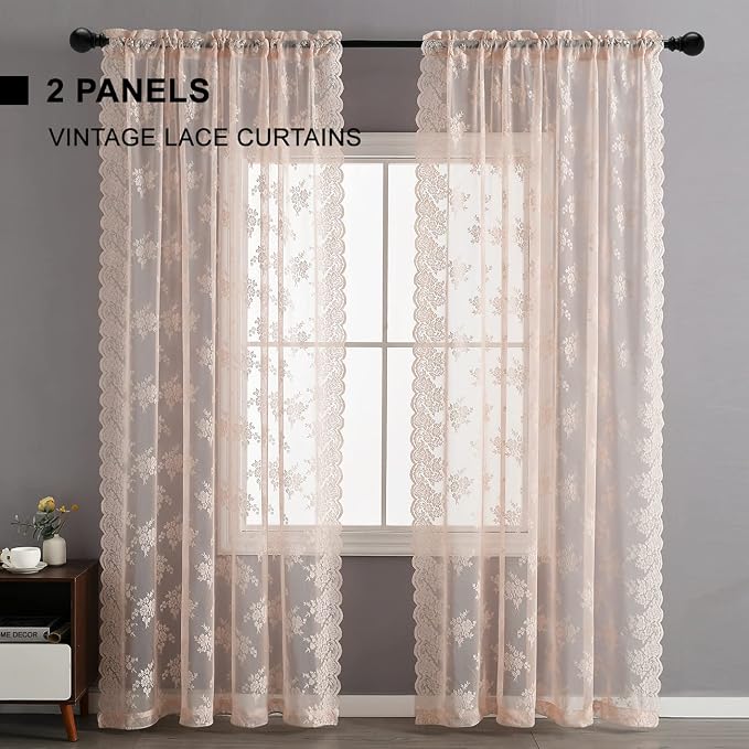 Kotile Blush Pink Floral Sheer Curtains - Image 2
