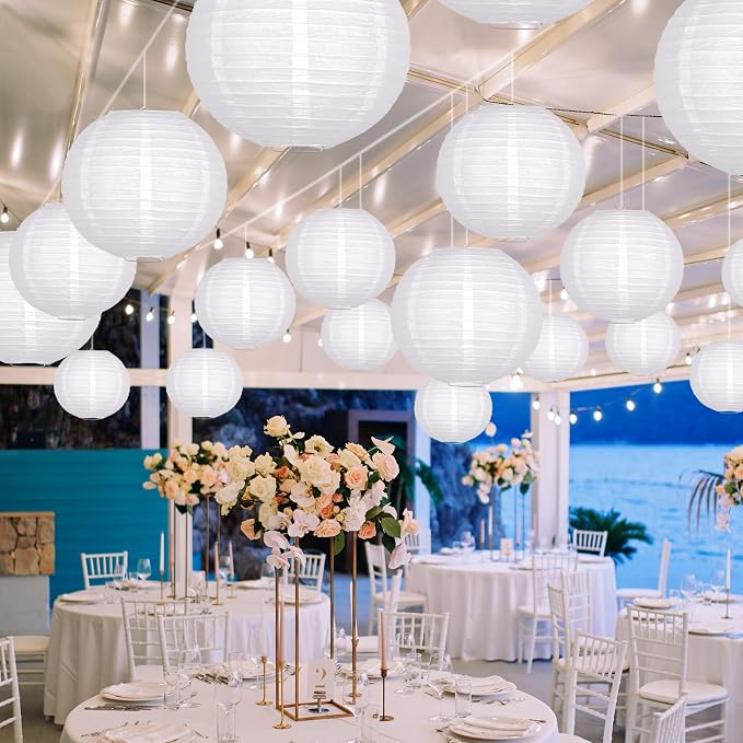 21-Pack White Paper Lanterns, Hanging Round Party Decorations | Reusable Indoor - Image 2