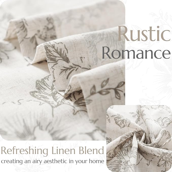 jinchan Grey Floral Linen Curtains 96 Inch Farmhouse Back Tab 2 Panels | Light - Image 4