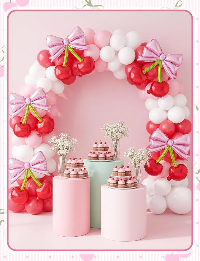 5Pcs Pink Bow Red Cherry Foil Balloons | - Image 4