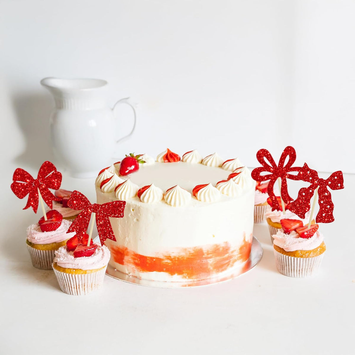 Ephlyn 24Pcs Bow Cupcake Toppers Bow Birthday Cake Topper Girls Birthday Party Decorations Bowknot Cupcake Decorations for Bridal Baby Shower Birthday Wedding Themed Party Red
