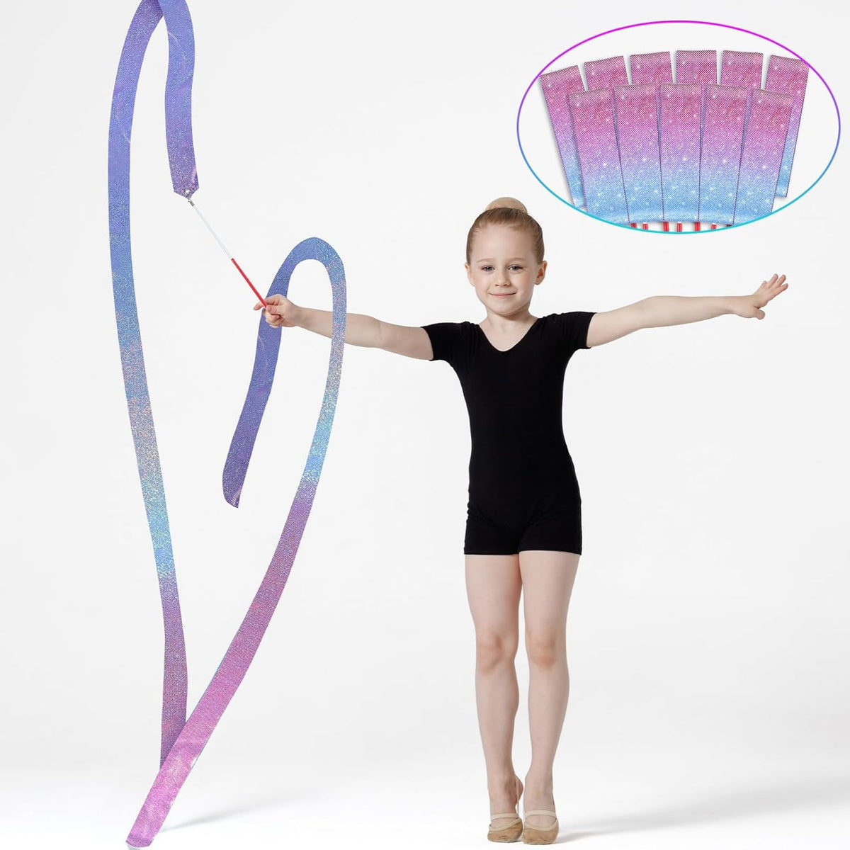 16 Pcs Sparkling Dance Ribbon for Kids Rhythmic Gymnastics Birthday Party Favors Twirling Streamer for Girl Princess Artistic Dancing Outdoor Game Supplies(Gradient Blue Purple)