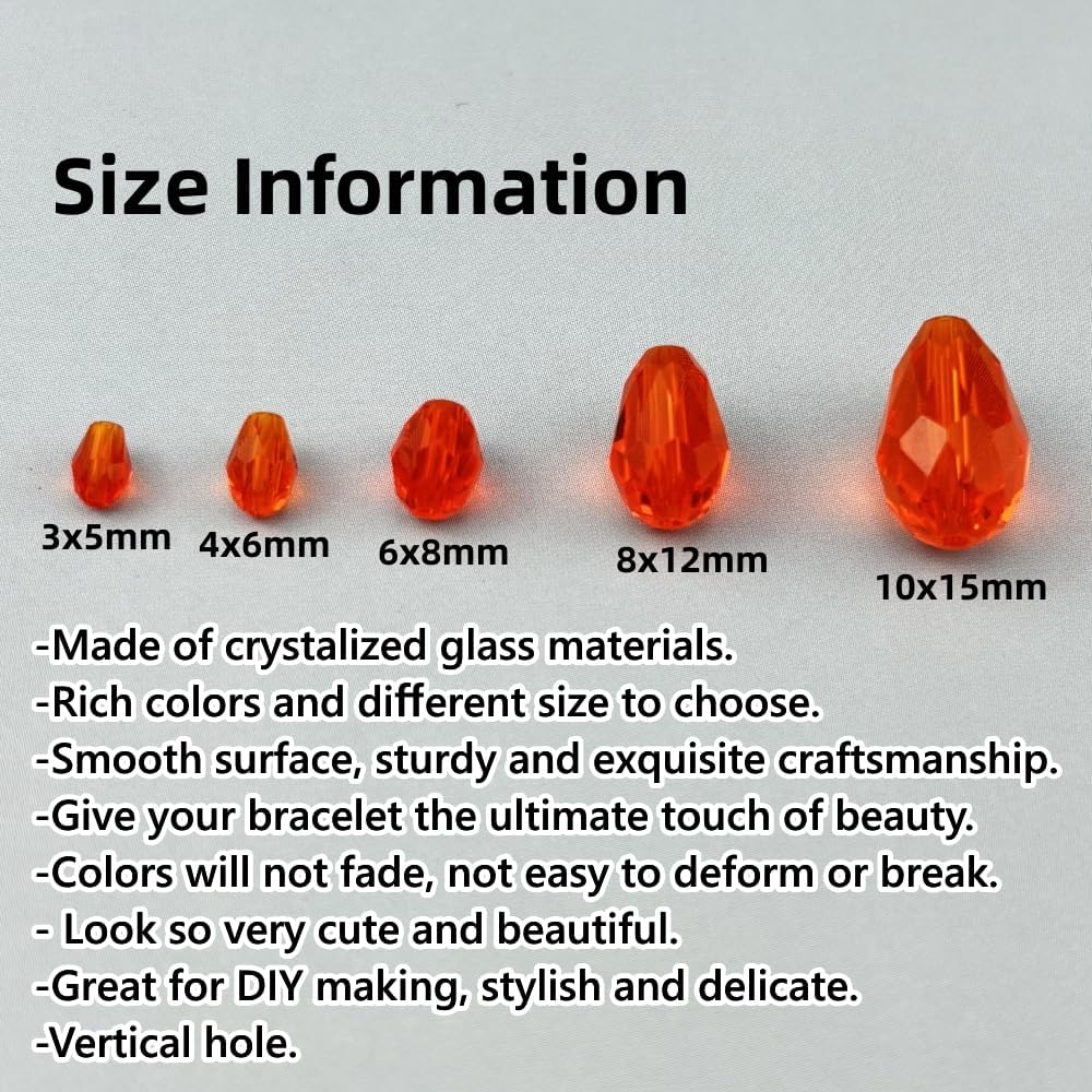 50pcs 10x15mm Teardrop Crystal Glass Beads for Jewelry Making, Faceted Vertical Hole Teardrop Glass Spacer Beads for Wind Chimes Bracelet Earring Necklace DIY Craft(Orange)