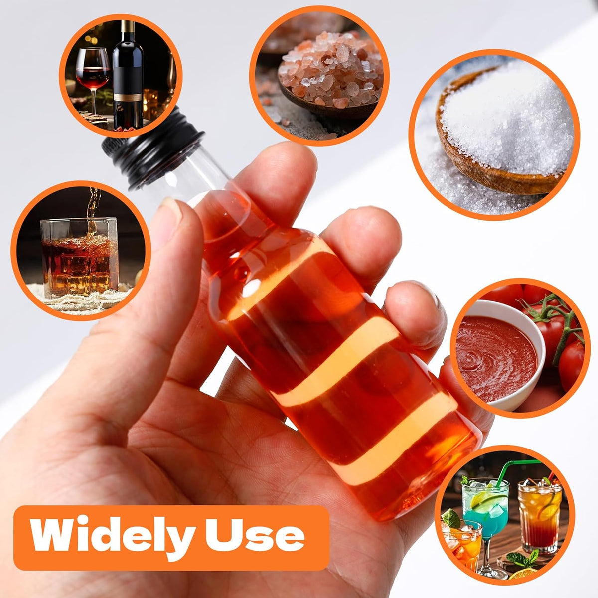 120 Pcs Mini Liquor Bottles with Black Cap, 2oz Plastic Alcohol Bottle, Mini Salad Dressing Bottles, Food-Grade Empty Spirit Bottle with Funnels for Cocktail Party Weddings