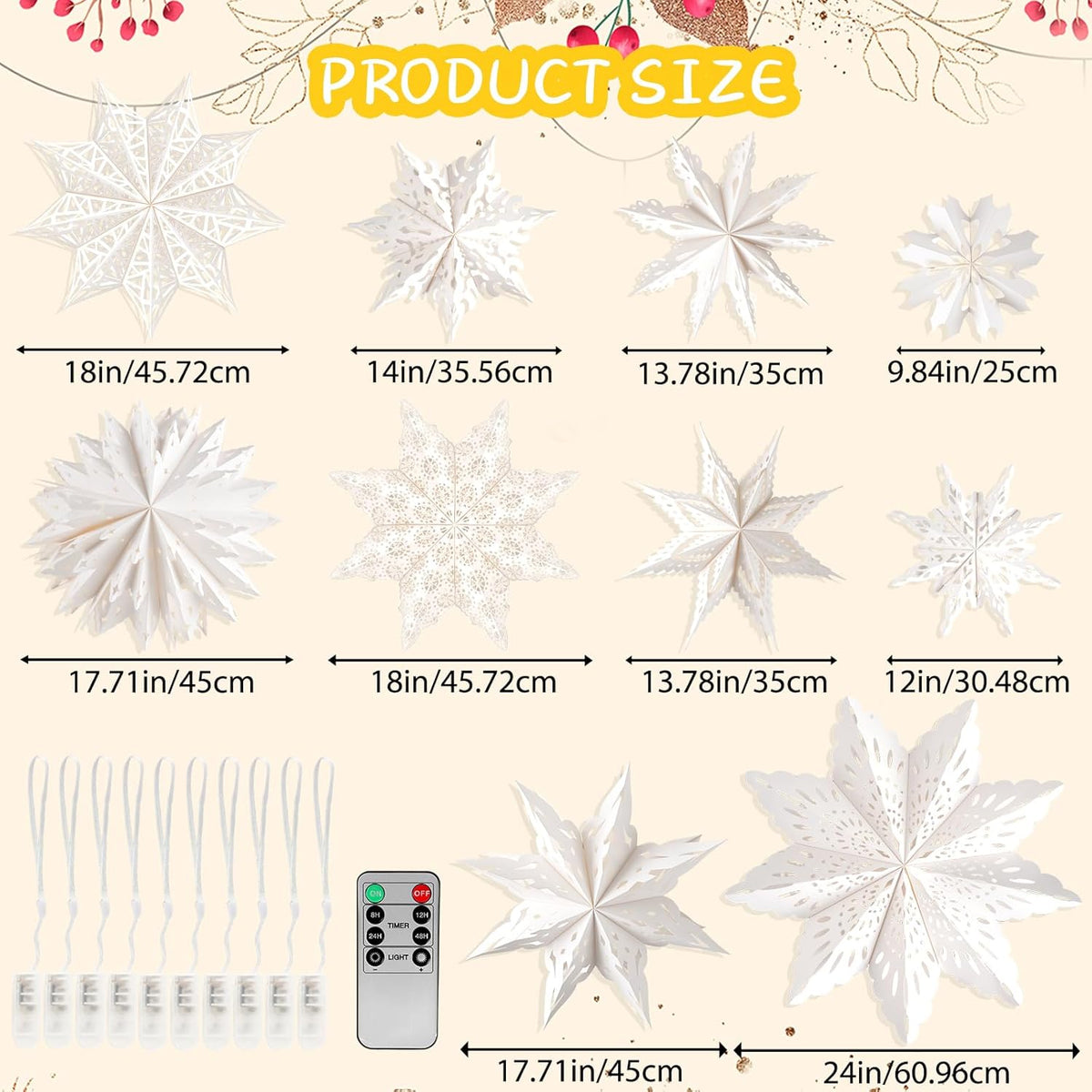 10 Pcs Christmas Paper Snowflake Lanterns, Large Christmas Paper Star Lanterns with LED Lights White Hanging Snowflake Lamp Ornaments for Xmas Winter Frozen Weddings Birthday Holiday Party Decorations