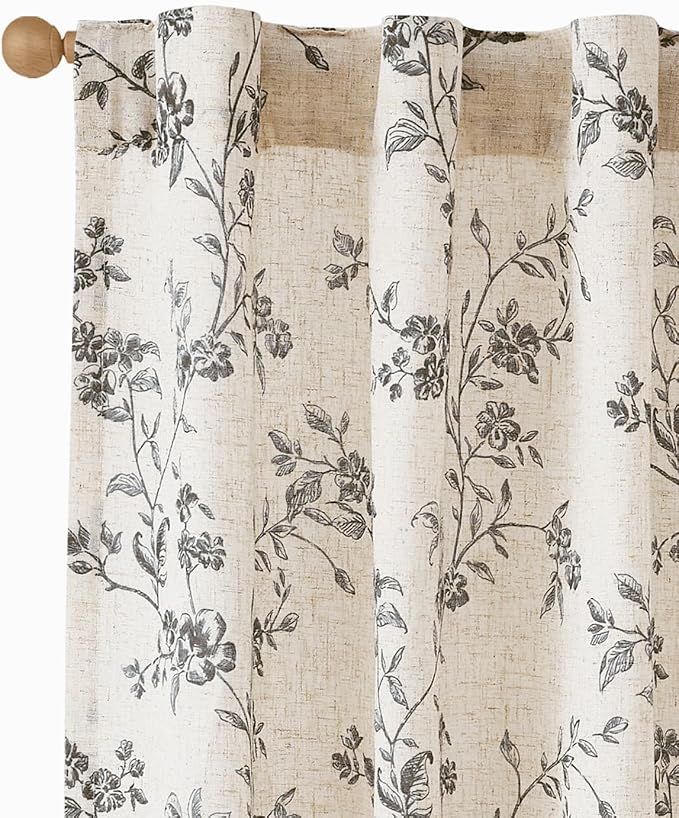 jinchan Black Floral Linen Curtains 63 Inch Farmhouse Back Tab 2 Panels | - Image 2