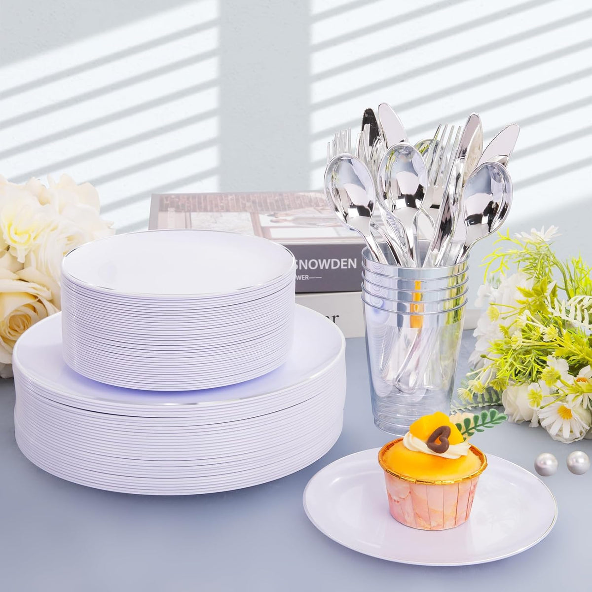 KIRE 350 PCS Plastic Dinnerware Set for 50 Guests, Silver Plastic Plates Include 50 Dinner, 50 Dessert Plates, 50 Pre Rolled Napkins with Silverware, 50 Cups for Wedding, Party, Banqet, Gathering