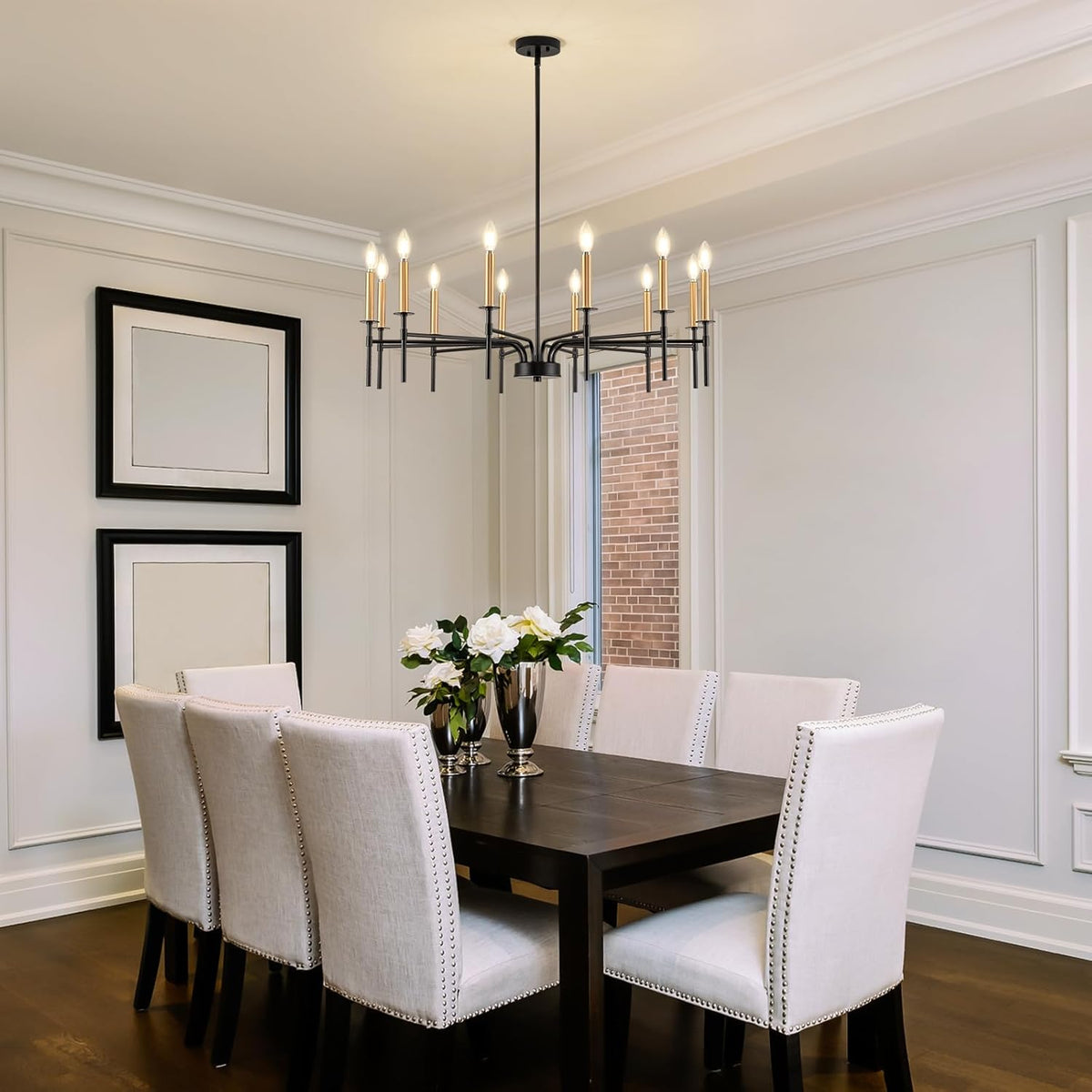 12 Light Modern Farmhouse Black and Gold Chandeliers for Dining Room Light Fixture, Metal Candle Chandelier Lighting Fixtures for Living Room Stair Foyer Entryway Bedroom Kitchen