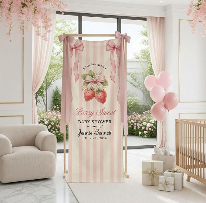 Berry Sweet Strawberry Baby Shower Banner, Personalized Welcome Décor - Image 2