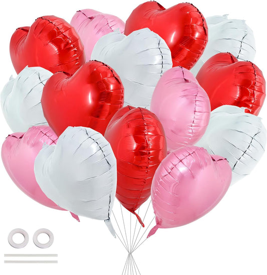 TONIFUL 30Pcs 18 Inch Heart Balloons Red White Pink Valentine’s Day Heart Shape Foil Mylar Balloons Decoration for Romantic Valentine's Day Wedding Bridal Shower Anniversary Engagement Party Supplies