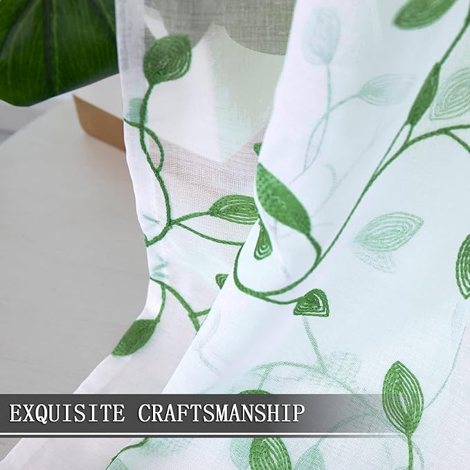 Tollpiz Leaves Sheer Tier Curtain Green Leaf Embroidery Kitchen Half Curtains - Image 6