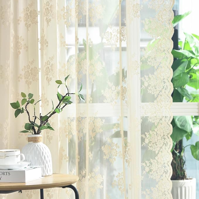 Kotile Beige Floral Lace Curtains - Image 4
