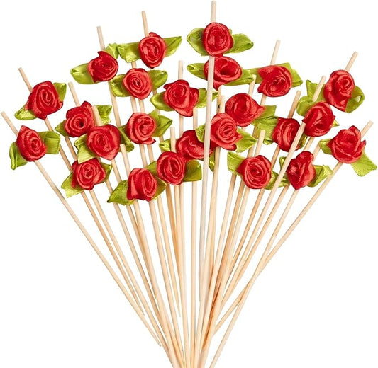 100PCS 4.7" Flower Cocktail Picks, Ribbon Rose Toothpicks Appetizer Skewers | by Barfroee