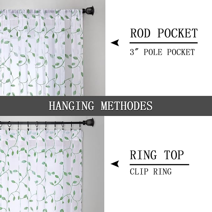 Tollpiz Leaves Sheer Tier Curtain Green Leaf Embroidery Kitchen Half Curtains - Image 5