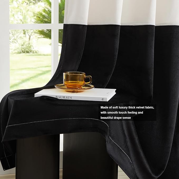 Modern Cream White Black Decorative Velvet Curtains 84 inches 2 Panels | Color - Image 5