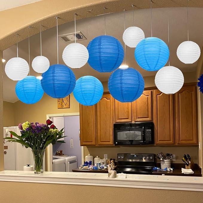 12Pcs Blue and White Paper Lanterns Set, Round Hanging Lanterns in Assorted - Image 8