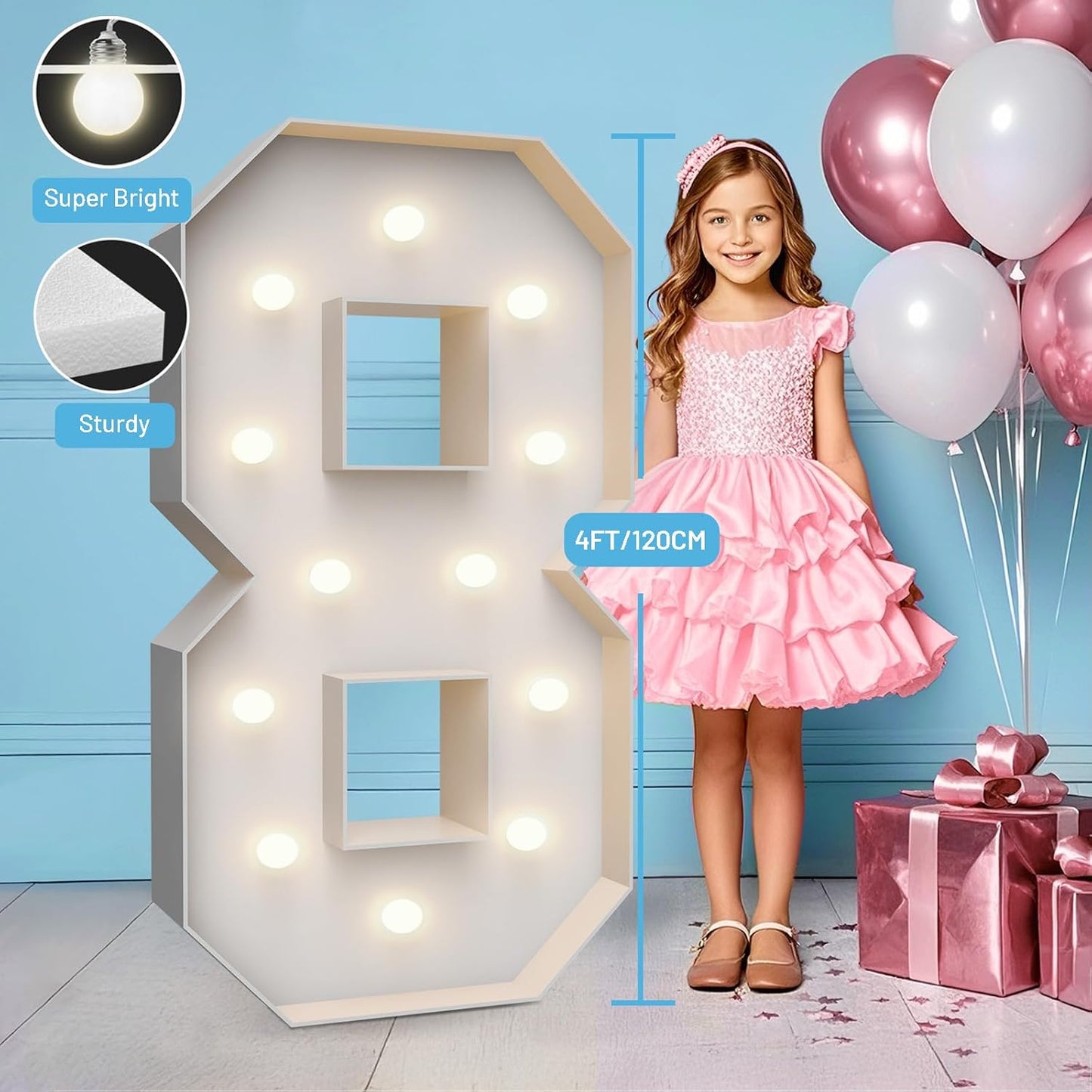 4FT Marquee Light Up Numbers 8,Party Decoration Large Marquee Light Up Letters with Weighted Water Bag,Pre-cut Foam Board Set Can Be Used for Birthdays,Weddings,Baby Anniversaries