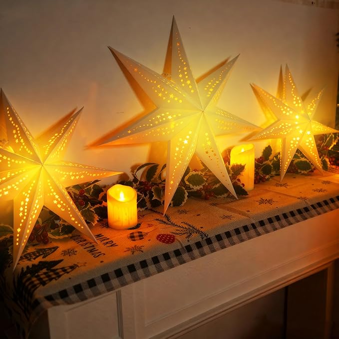 Large Paper Star Lanterns with Lights, 3D Hollow Out Christmas Paper Lanterns - Image 2