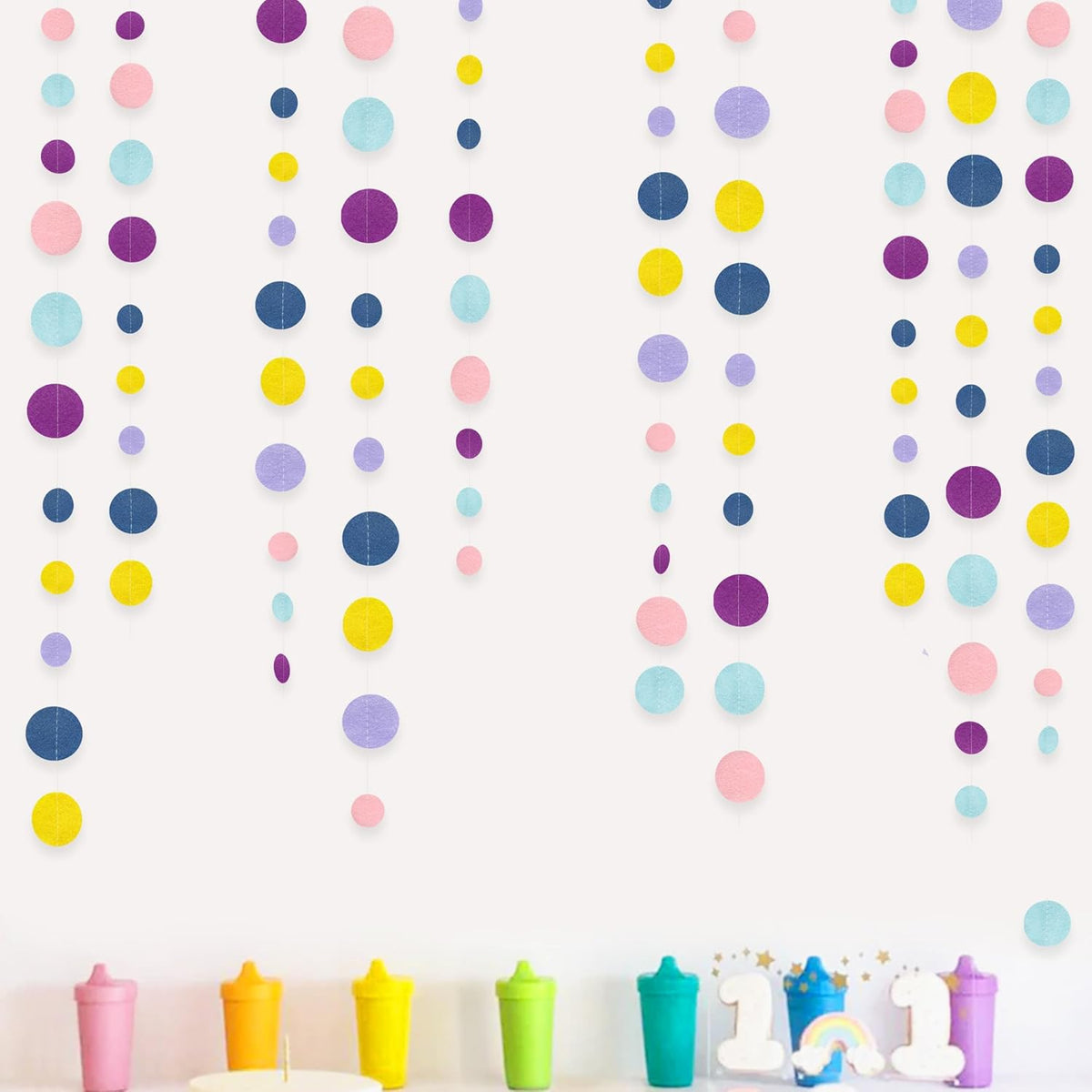 Oh Happy Day Decorations Navy Blue Yellow Purple Pink Boho Felt Circle Dot Garland Hanging Polka Dot Streamer for Classrooms Preschool Everyone is Welcome Homeschool Nursery Birthday Baby Shower Decor