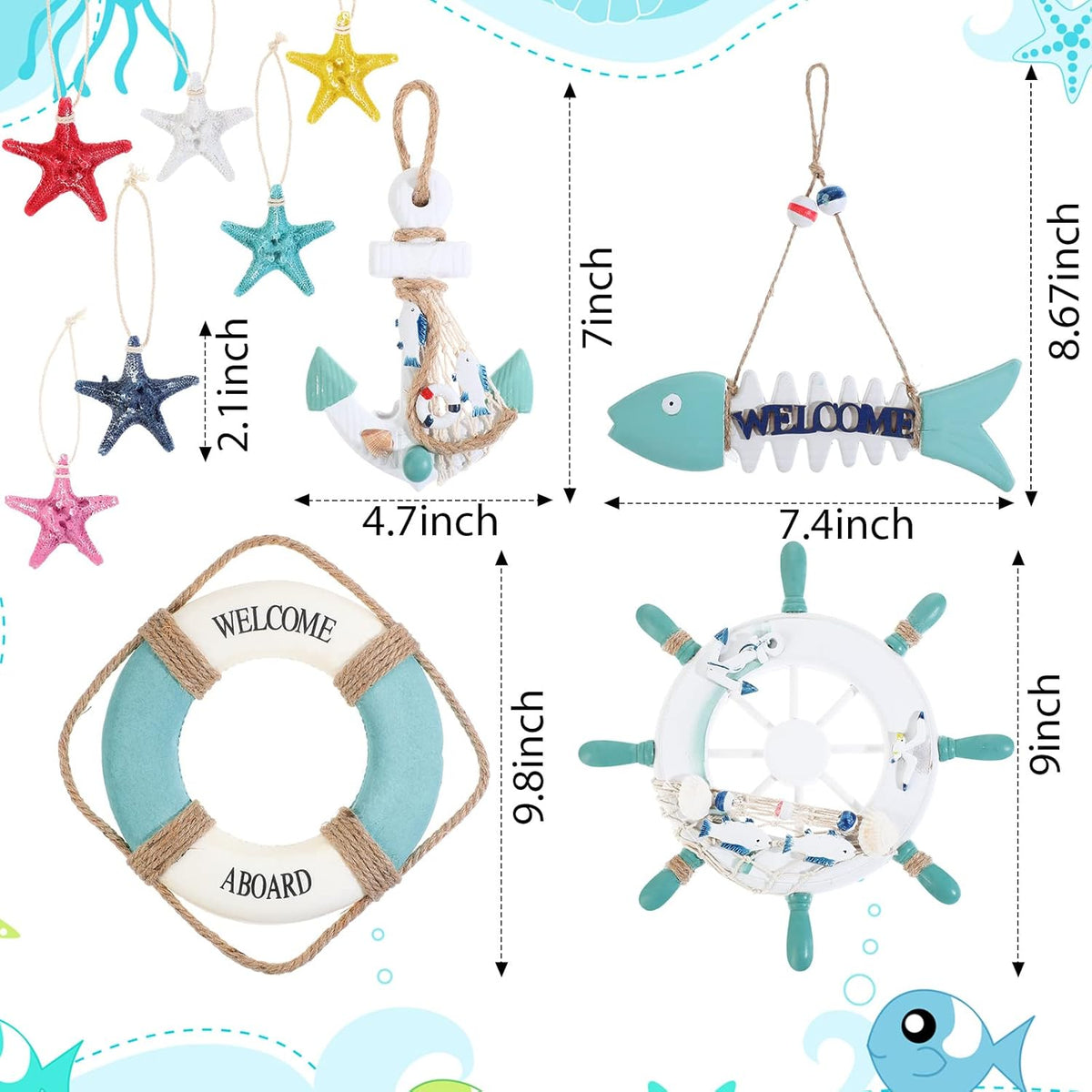 Marsui 11 Pcs Wooden Nautical Wall Decor Fishing Net Decorations, Include Decorative Fishing Net, Ship wheel, Fish Skeleton, Life Ring, Anchor, Starfish Beach Decor for Mediterranean Party (Teal)