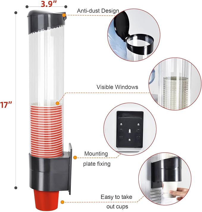 Cup Dispenser, Wall Mount Water Cooler Cup Holder Fits 7-12oz Cups | Pull Type - Image 2