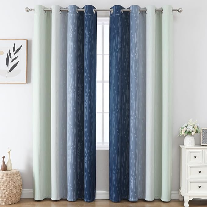 Sage Green and Navy Blue Gradient Blackout Curtains - Image 2