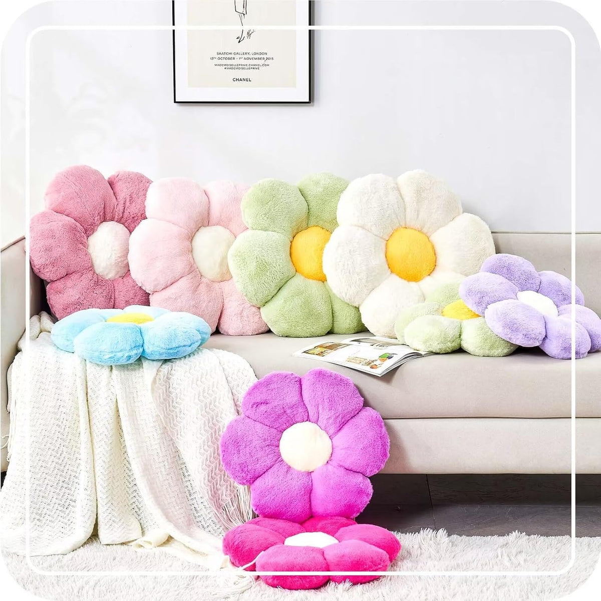 Pink Flower Pillow, Cute Decorative Flower Shaped Throw Pillow with Faux Rabbit Fur, 19.6" Soft Flower Plush Throw Pillow Floor Pillows Room Décor for Bedroom Living Room