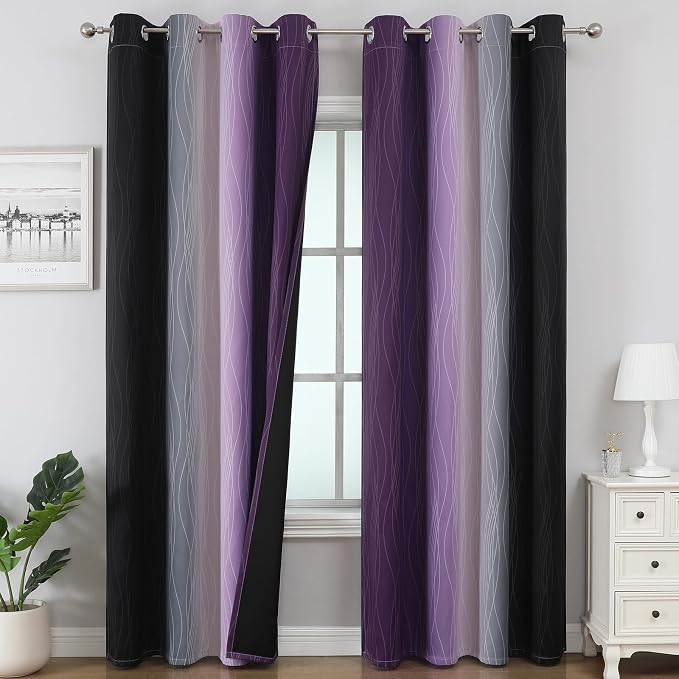 Purple and Black Ombre Blackout Curtains 108 Inch Length 2 Panels Set, Thermal by ESTELARTEXTILER