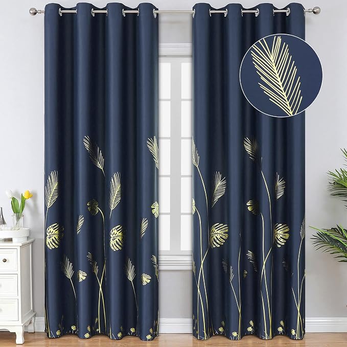 Elegant Palm Tree Leaf and Wheat Pattern Blackout Curtains Foil Print Light by ESTELARTEXTILER