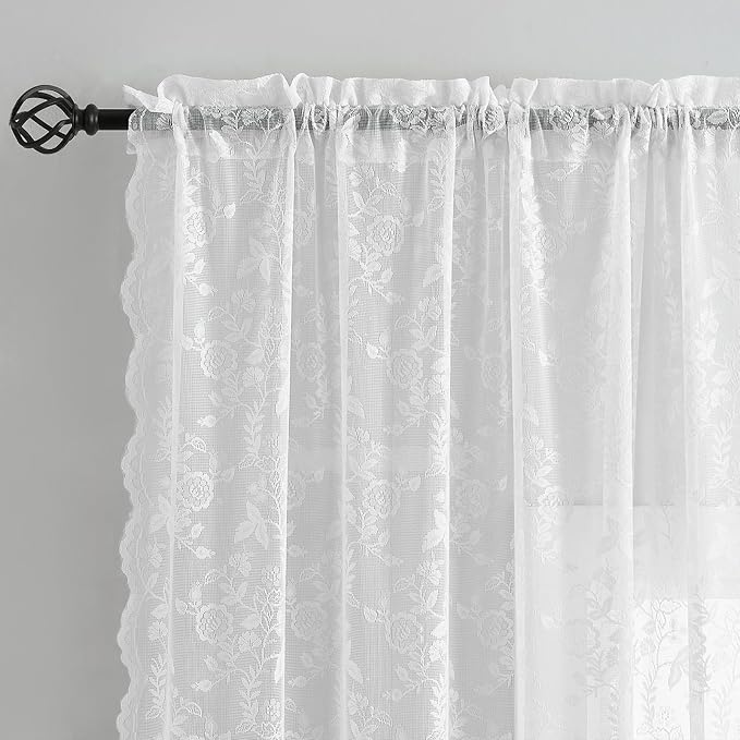FINECITY White Lace Curtains for Bedroom Rustic Floral 42x63 Inch, 2 Panels | - Image 2