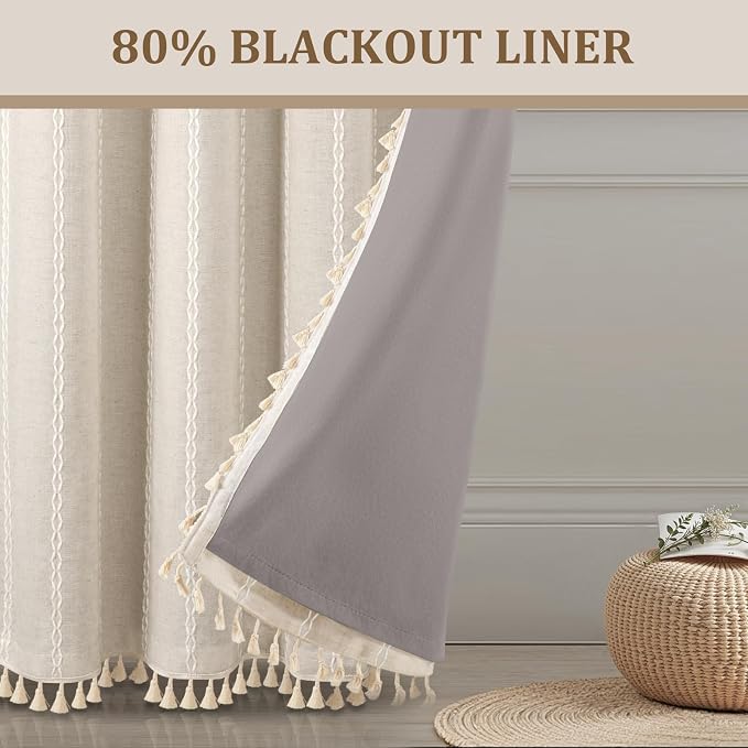 80% Boho Blackout Curtains 90 Inch Linen Blend Drapes 2 Panels | Vintage - Image 2
