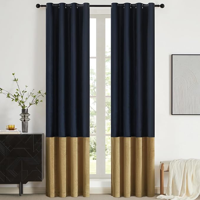 Navy Gold Velvet Blackout Curtains Luxury Decor 84 inches, Color Block | Living by ModernShinyVelvetCurtains
