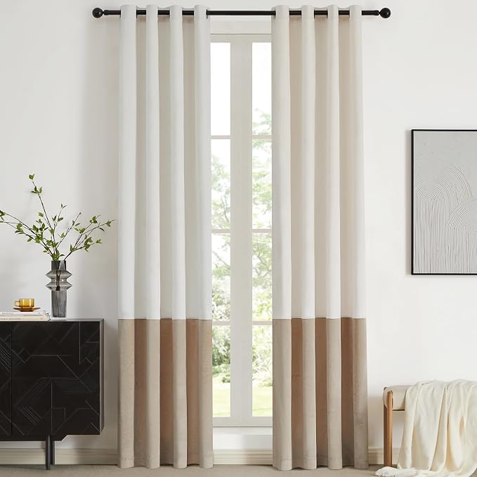 BULBUL Cream Ivory Champagne Luxury Velvet Curtains 102 inch, Color Block | by ModernShinyVelvetCurtains