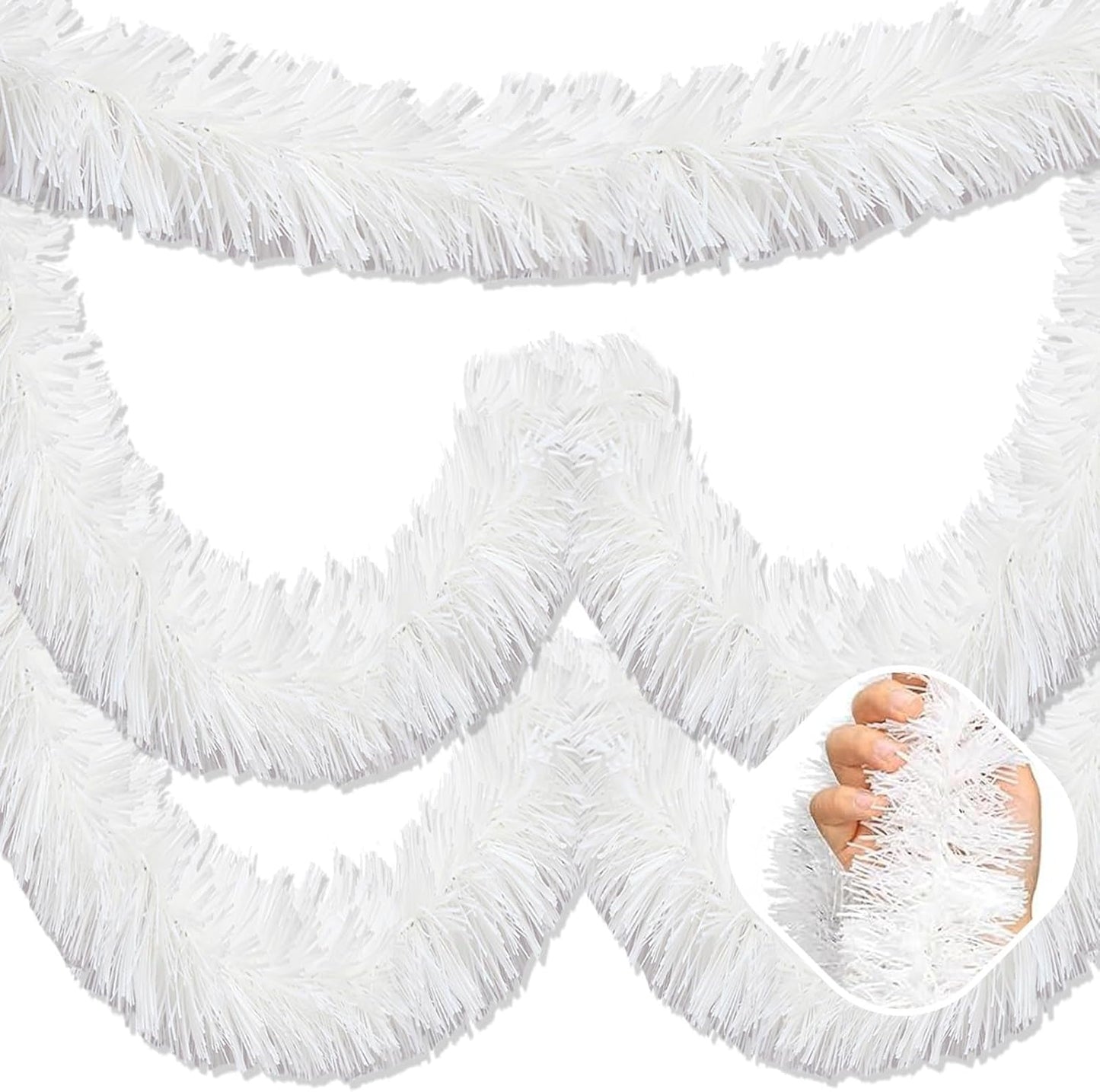 25 Feet Macaron White Christmas Tinsel Garland, Metallic Foil Twist Garland Wall Hanging Tinsel Banner Backdrop for Parade Floats, Easter, Mother's Day, Birthday Party Decorations (4in x 25ft)