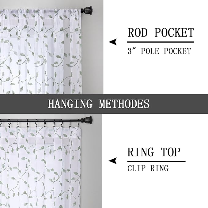 Tollpiz Leaves Sheer Curtain Sage Green Leaf Embroidery Bedroom Curtains Rod - Image 5